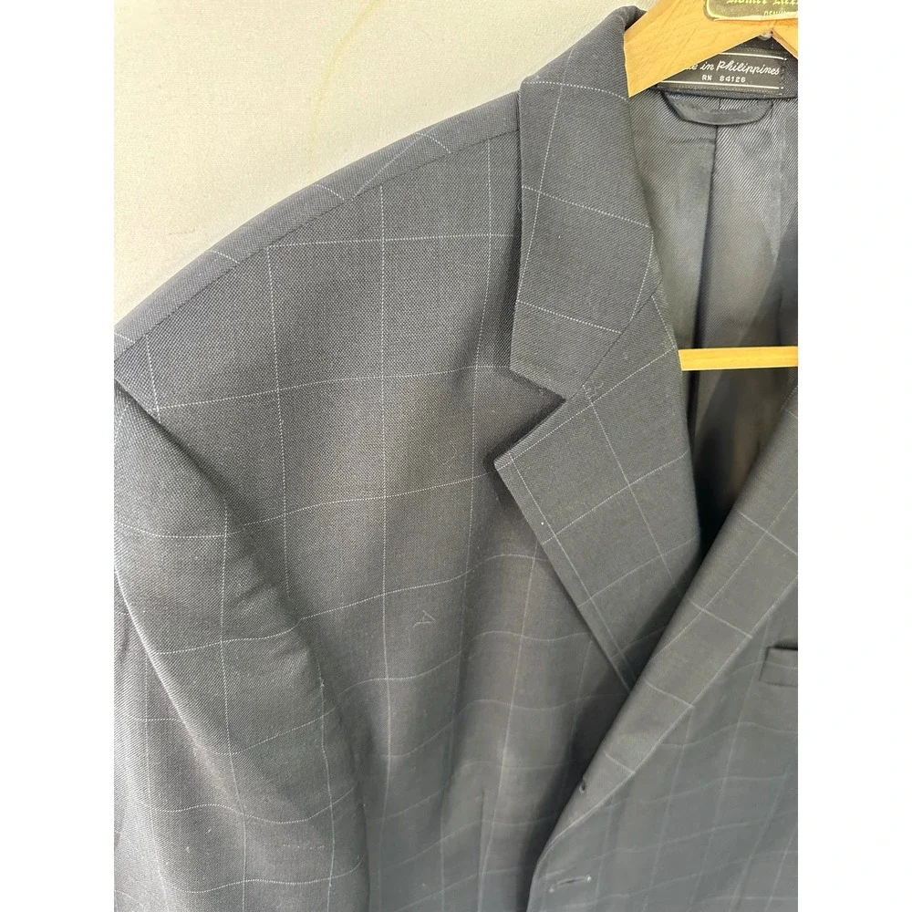 Bill Blass Blazer Windowpane Worsted Wool Mens 46R Navy Blue Excellent